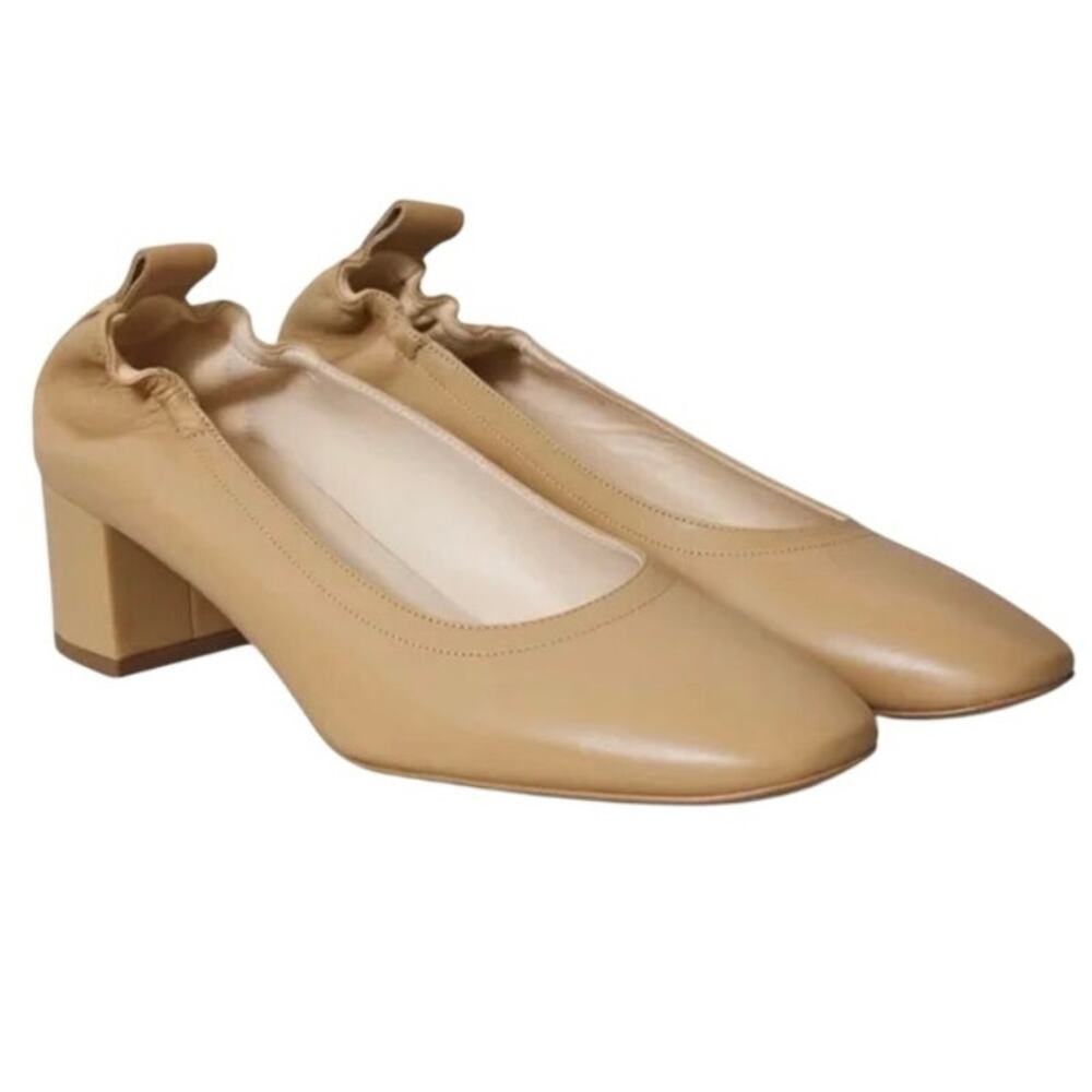 EVERLANE Women's Day Leather Closed Round Toe Ballet Block Heel in taupe-Size 7